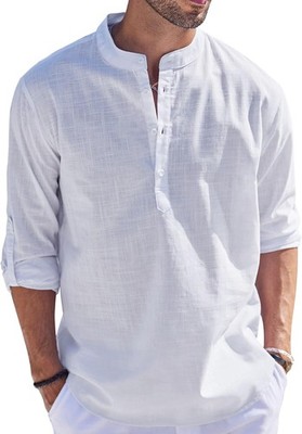 Herren Leinenhemd Henley Langarm Kurzarm Freizeit Sommer Strand M Weiß
