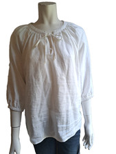 Nine West White Linen Top Women's Large Puff Sleeves Tie Front Peasant Blouse