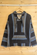 Senor Lopez Baja Hoodie | Black & Blue Striped Mexican Poncho | Small