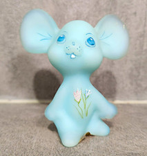 Fenton Frosted Aster Mouse Hand Painted Floral Light Blue Satin Glass Vintage