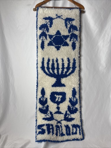 Mid Century Jewish Wall Hanging Prayer Rug Menorah Star Of David 45x15” Blue