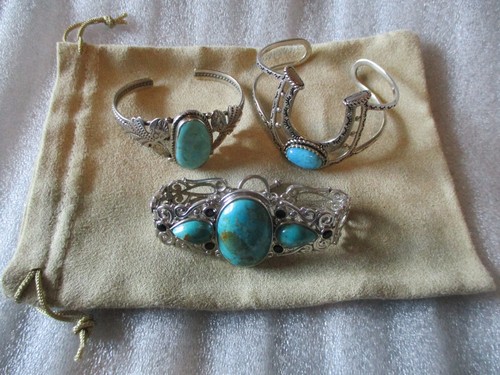STERLING SILVER TURQUOISE BRACELET SET (3) CUFF/FILIGREE (ONYX) by NF & BBJ -90g