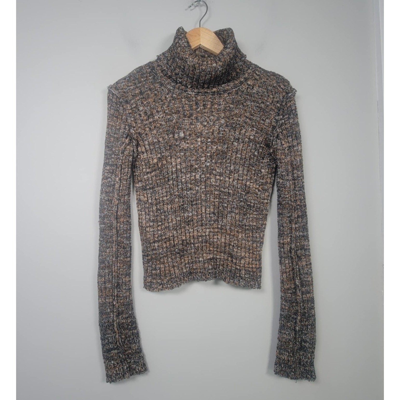 Free People Turtleneck Sweater Womens S Ribbed Long Sleeve Marled Brown