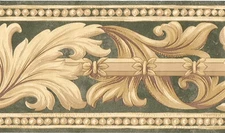 Golden Tan Acanthus Leaf Scroll Green Gray Bead Molding Wallpaper Border 5.12" W