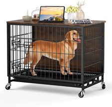 38.6 in Heavy Duty Dog Crate  End Table Metal XL Large Kennel 2 Doors and Tray