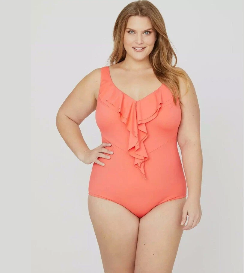 Catherines Plus Size 28W Coral One Piece Swimsuit Bathing Suit Ruffle Front  $119