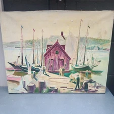 Painting Original Seaside Dock Ocean Boats Fisherman Impressionism Oil on Canvas