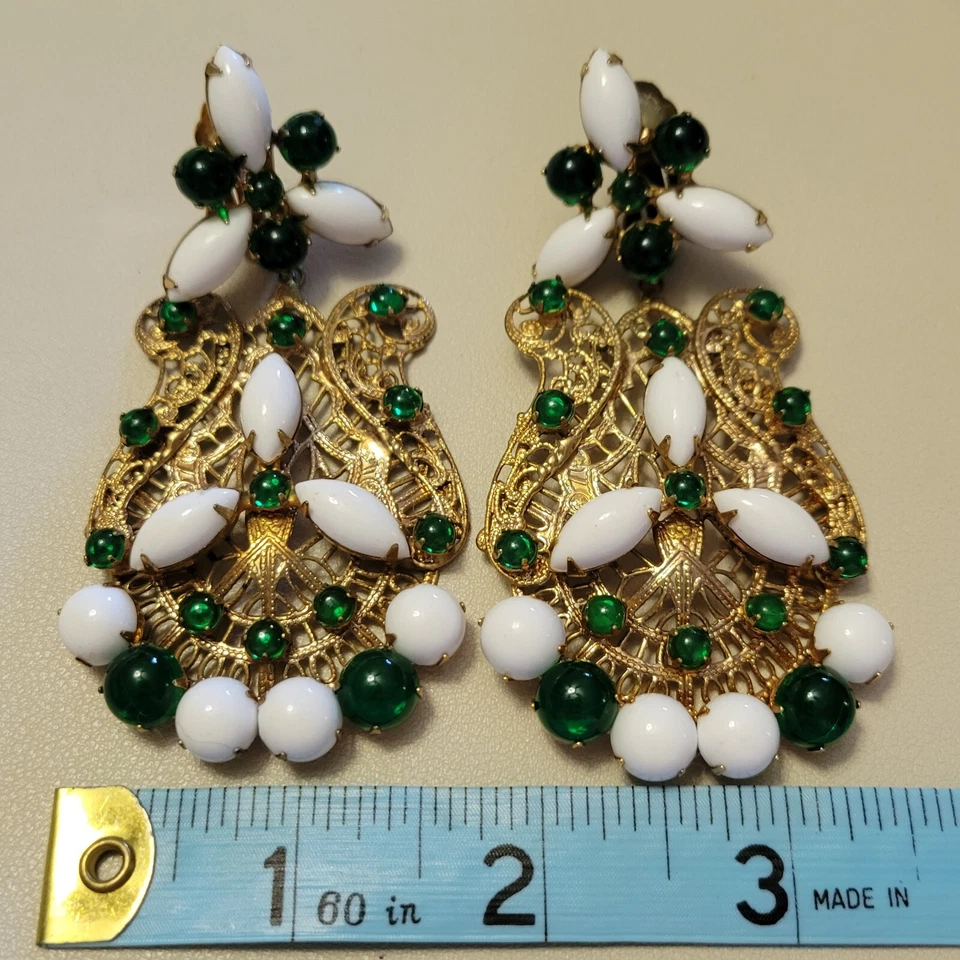 Pendientes araña Kenneth Jay Lane KJL años 60 firmados tono oro verde y blanco Foto 3 de 4