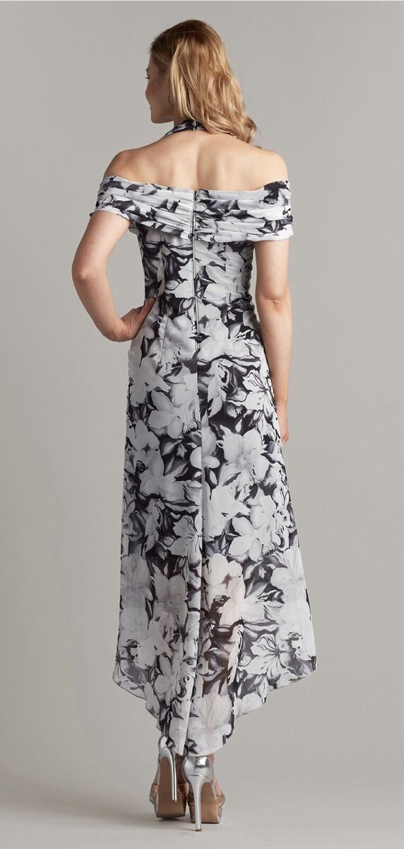 Tadashi Shoji Cobie Cold Shoulder Gray Black Floral Gown Tadashi Shoji Cobie Cold Shoulder Gray Black Floral Gown