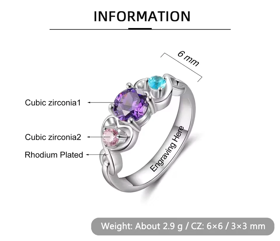 Anillo de boda grabado con nombre personalizado tres piedras de nacimiento anillo regalo joyas mujeres Foto 3 de 4