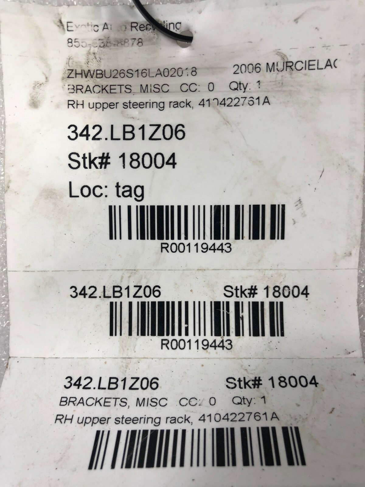 Lamborghini Murcielago, RH, Upper Steering Rack Bracket, Used, P/N 410422761A