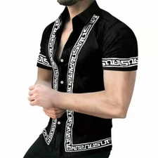 Button Down Shirt Men Black Vintage Short Sleeve Casual Baroque White Trim Silky