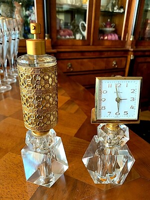 Seth Thomas Cut Glass Crystal Clock and Perfume Spray Bottle Clear