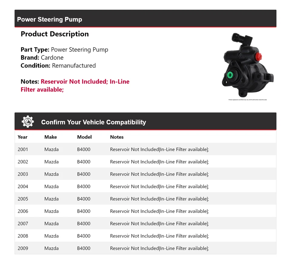 Bomba de dirección asistida Cardone para Mazda B4000 2001-2009 2002 2003 2004 2005 2006 Foto 2 de 4