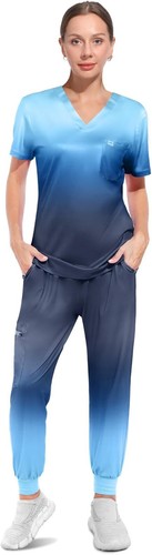 Scrubs for Women Set,V-Neck Scrub Top&Joggers Pants Set,Slim Quick-dry Dark Blue