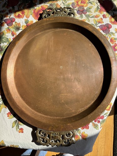 Antique Solid Copper Tray Platter Primitive W/ Brass Handles 16” HEAVY - Picture 1 of 13