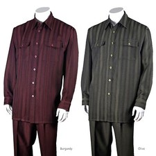 Men's 2pc Walking Suit Long Sleeve Striped Shirt w/ Solid Pants Set 2761