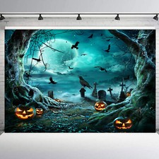 10x8ft Pumpkin Full Moon Crow Blue Halloween Vinyl Backdrop Photo Background