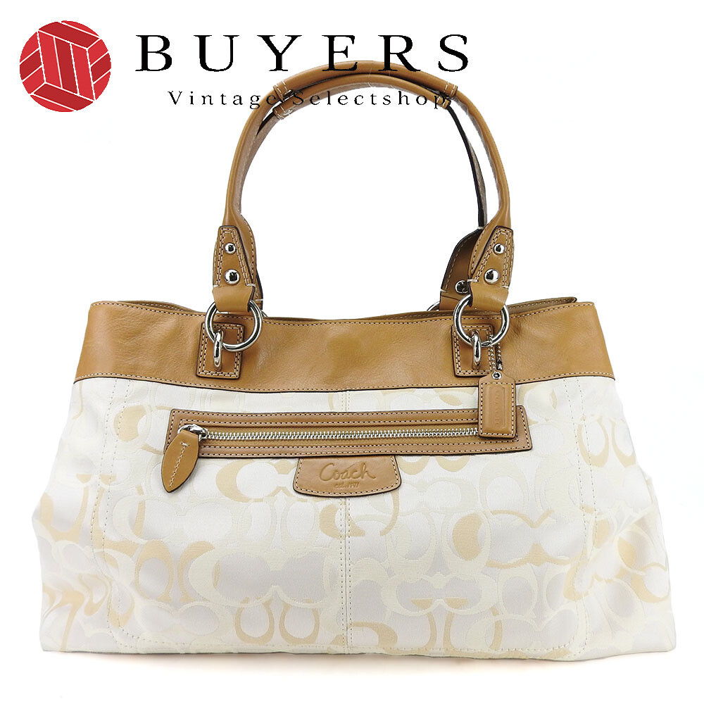 Used Coach Tote Bag F15122 Signature Canvas Leather Beige Brown Silver Fitting