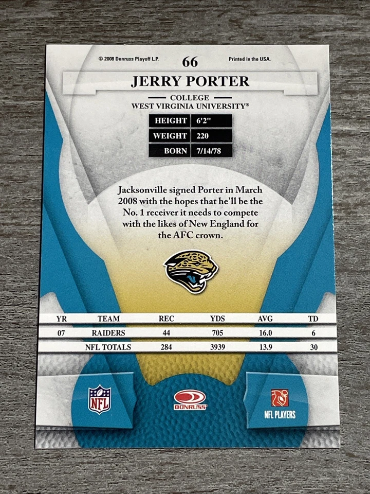Jerry Porter 2008 Leaf Certified Materials Jaguars #66   *J556* - Image 2 of 2