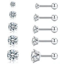 Women Men Silver 316L Stainless Steel Round Prong CZ Stud Earrings Screw Back