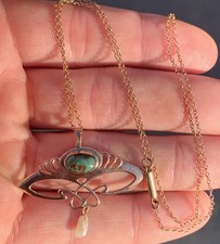 9ct Rose Gold Turquoise Pendant Barrel Clasped Chain, 1881 Victorian Art Nouveau