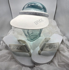 Sparkly Rhinestone White Bride Flip Flops, Visor and Matching Ball Cap Set