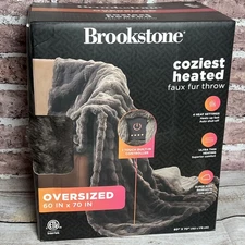 Brookstone Cozy Heated Plush Throw Blanket Warm Gray Faux Fur 60x 70" New In Box
