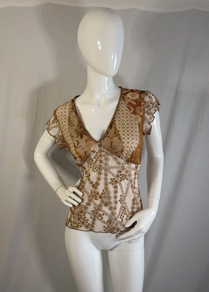 VTG Boho Y2K Fairycore Babydoll Mesh Top L Frutiger Aero Save The Queen Style - Image 3 of 4