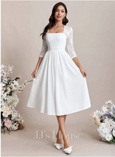 JJ's House White Lace 3/4 Sleeve A-Line Mid-Calf Wedding Dress Size Small