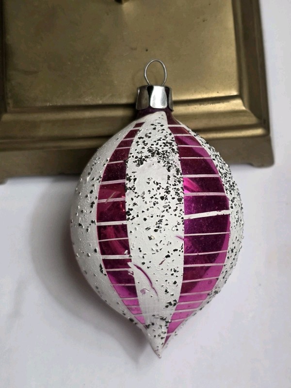 Vintage Poland Mica Glitter Hot Pink Teardrop Mercury Glass Christmas Ornament 