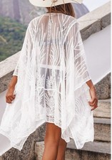 CUPSHE Women's White Sheer Embroidery Kimono Long Sleeves Cover Up