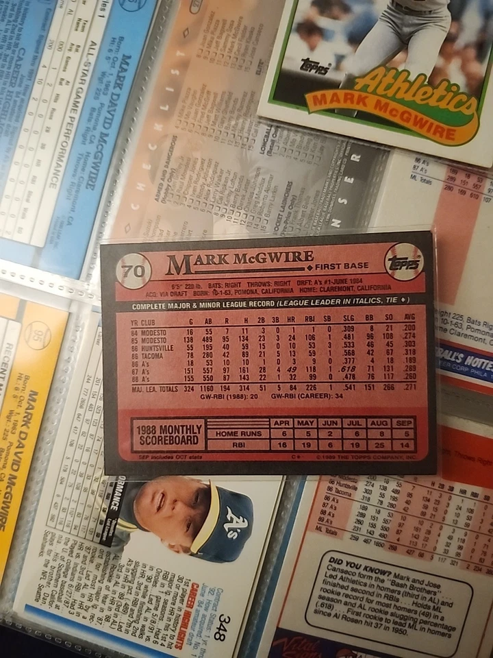 1989 Topps - Mark McGwire #70 raro erro errado peso cartão traseiro Oakland como - Imagem 4 de 4