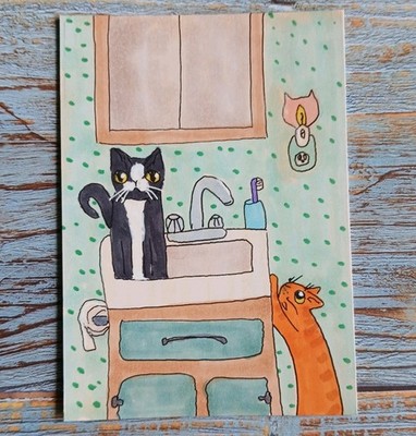 ACEO Original Tuxedo And Orange Cat In The Bathroom Sink Art - frumpybunny