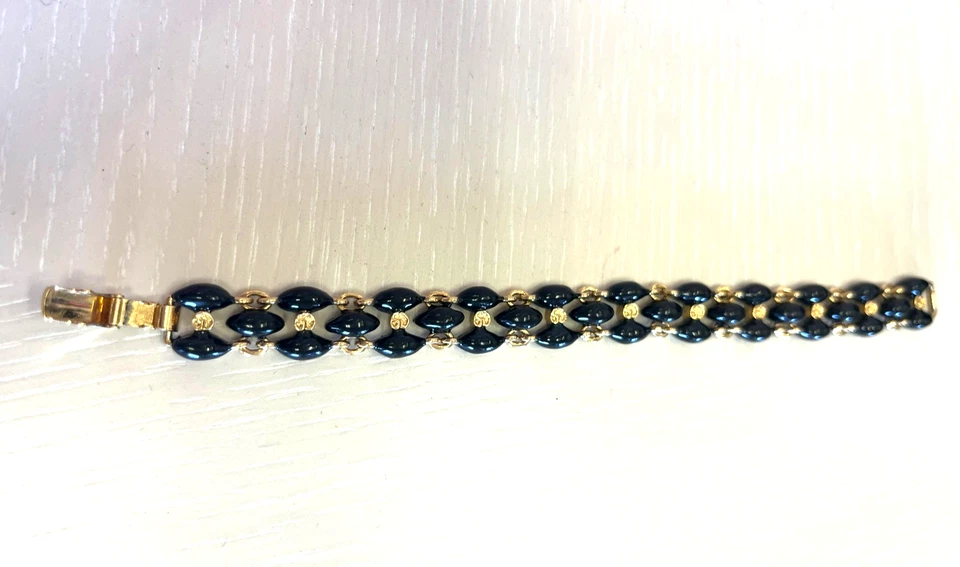 St. John Black Onyx and Gold Logo Bracelet Vintage - Image 2 of 4