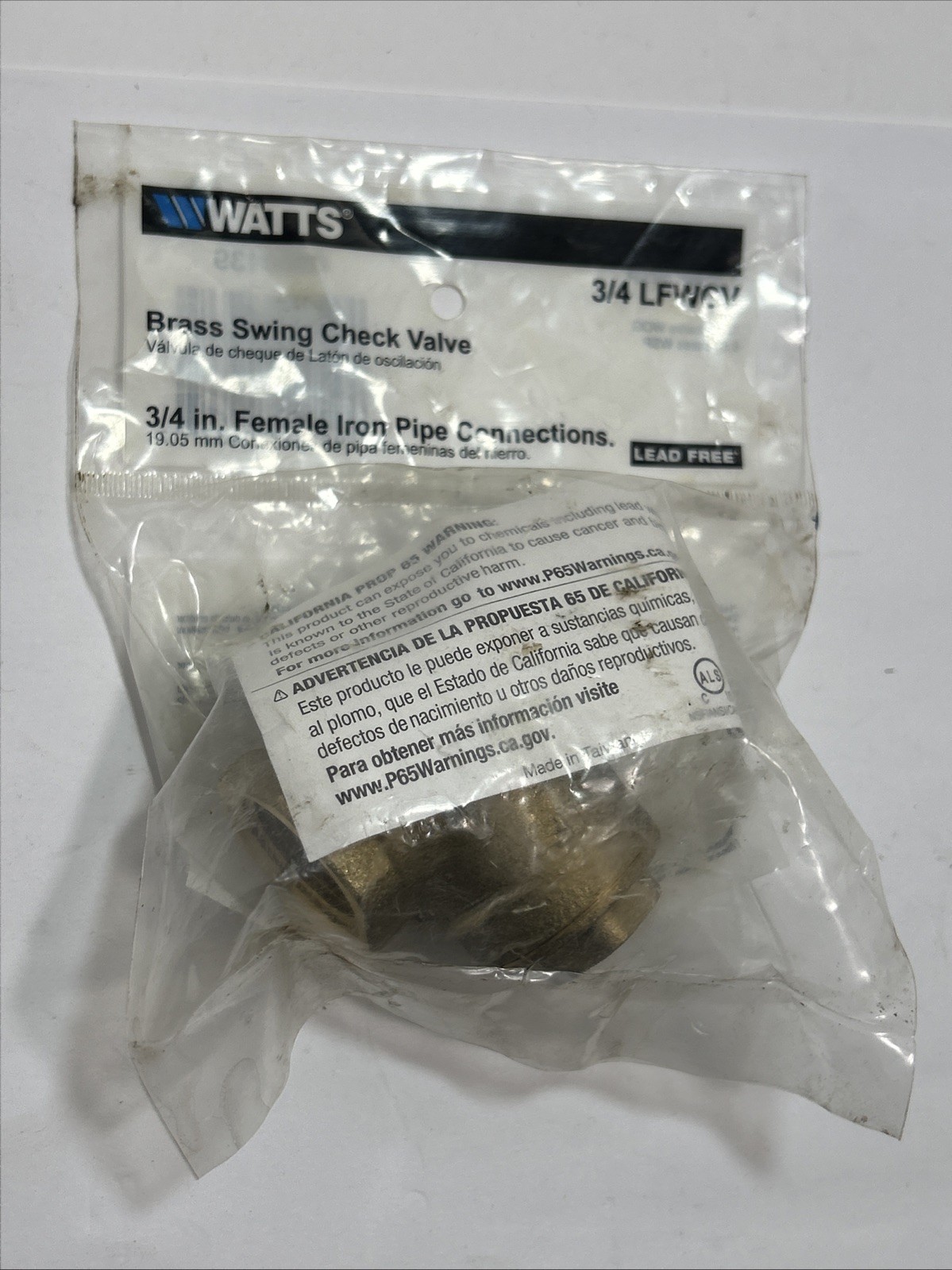 3/4” Watts LFWCV Brass Swing Check Valve - 200 Psi WOG  - NPT Thread