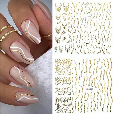 3D Nail Stickers Gold Laser Silver Leaves Wave Line Nails Decal French Manicure 