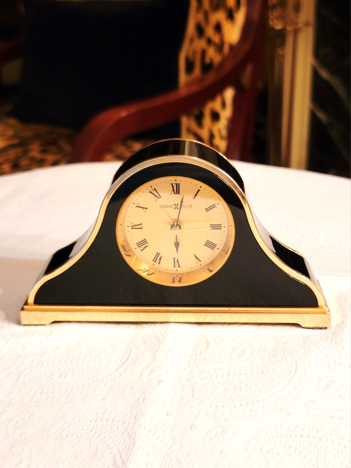 BEAUTIFUL HOWARD MILLER BLACK /BRASS QUARTZ ALARM CLOCK, WORKS GREAT