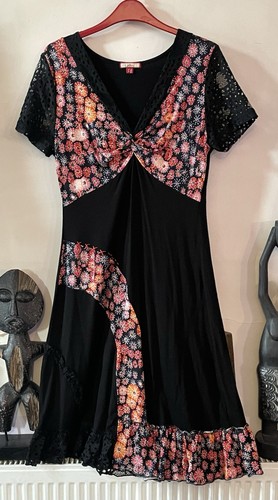 JOE BROWNS SIZE 12 LONG BLACK V NECK TUNIC DRESS LACE SLEEVES & CONTRAST TRIM - Picture 1 of 7