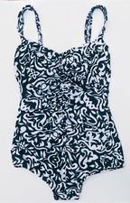 Vintage Gabar Womens One Piece Swimsuit Blue White Floral Ruched Front Size 14