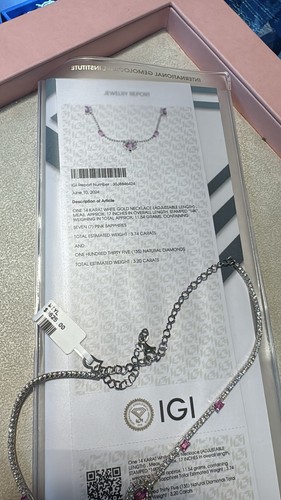 IGI 6.94 CT Oval Cut Pink Sapphire & Natural Diamond Necklace 14k White Gold - Picture 2 of 3