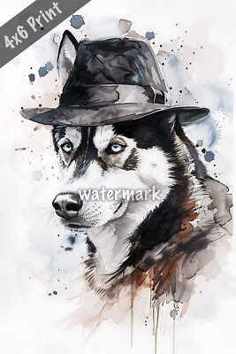 #ad Dog Siberian Husky in detective hat watercolor Art 4x6 Print $8.40