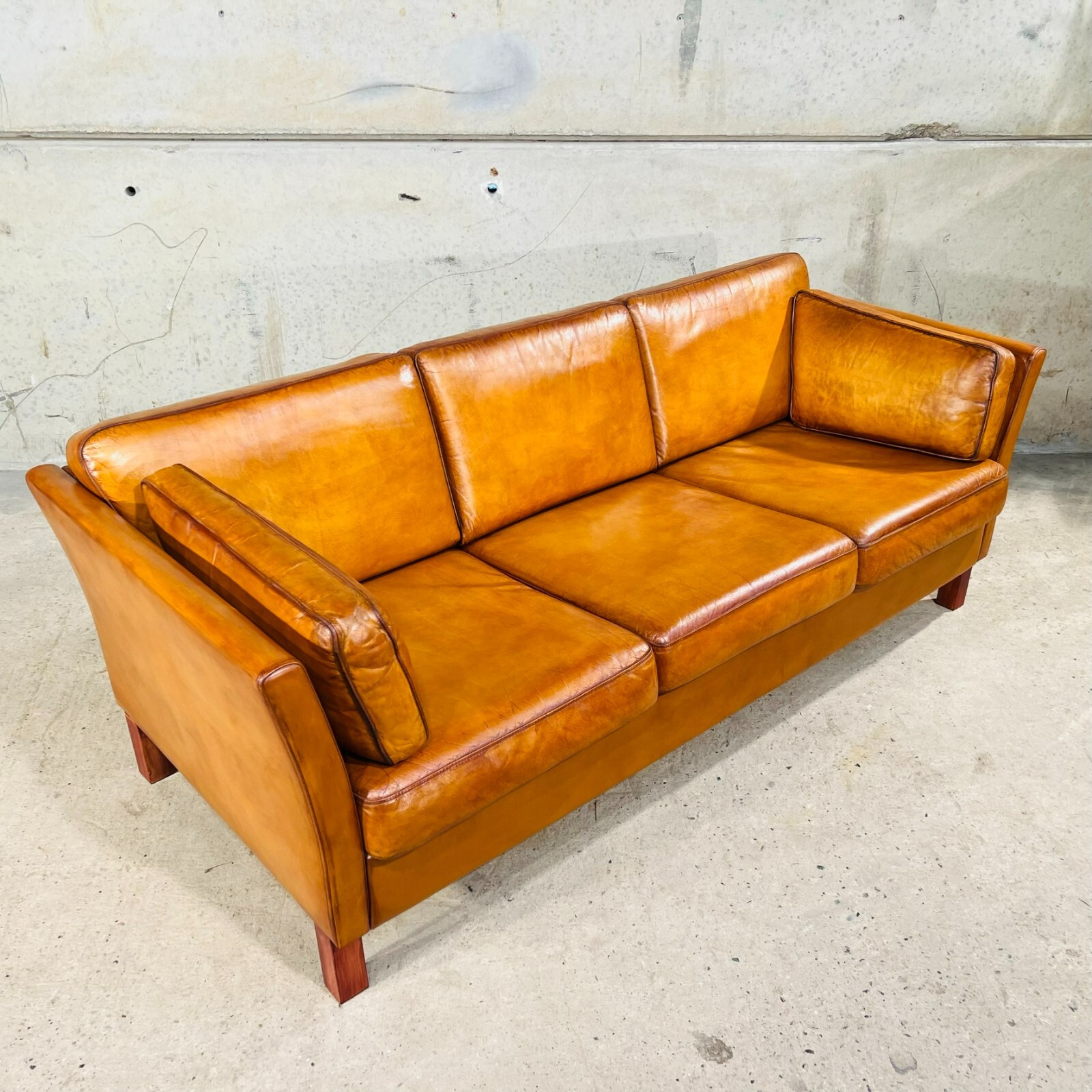 Long Vintage 70s Danish 3 Seater Light Tan Leather Sofa Timeless