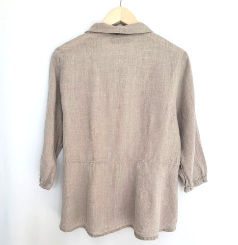 FLAX Designs Women's Small Top Button Down Peplum Shirt Linen Beige Lagenlook - 第 2/9 張圖片