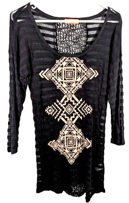 Spoiled women medium black aztec design sheer top preowned