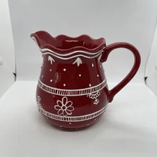 Harry and David Ceramic Pitcher Red With White Raised Flowers Dots 48 oz Holiday