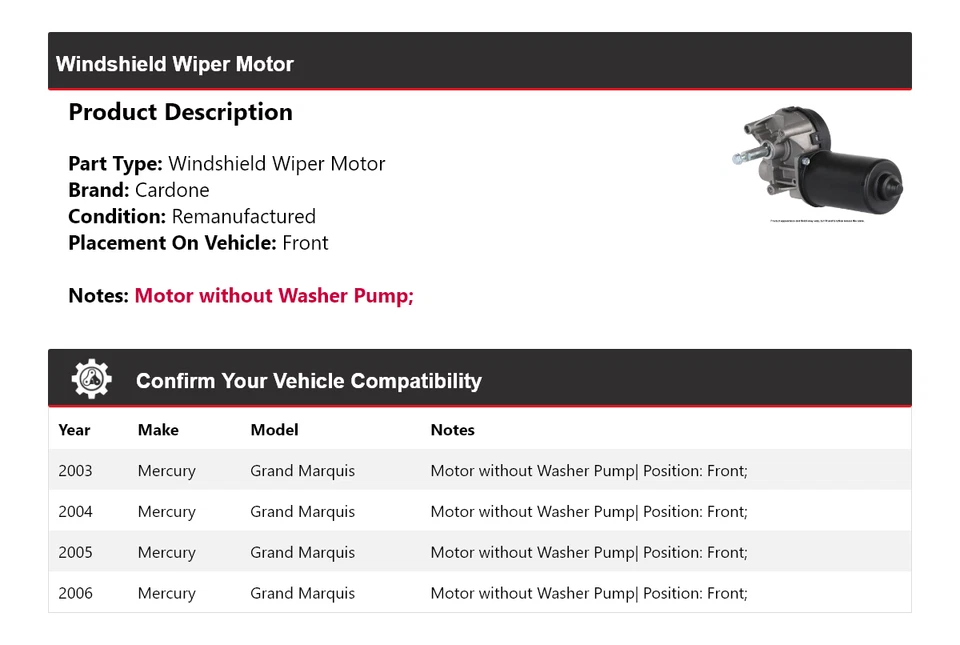 适用于 2003 - 2006 年 Mercury Grand Marquis 挡风玻璃 Wiper 电机前 Cardone 2004 — 第 2/4 张图片