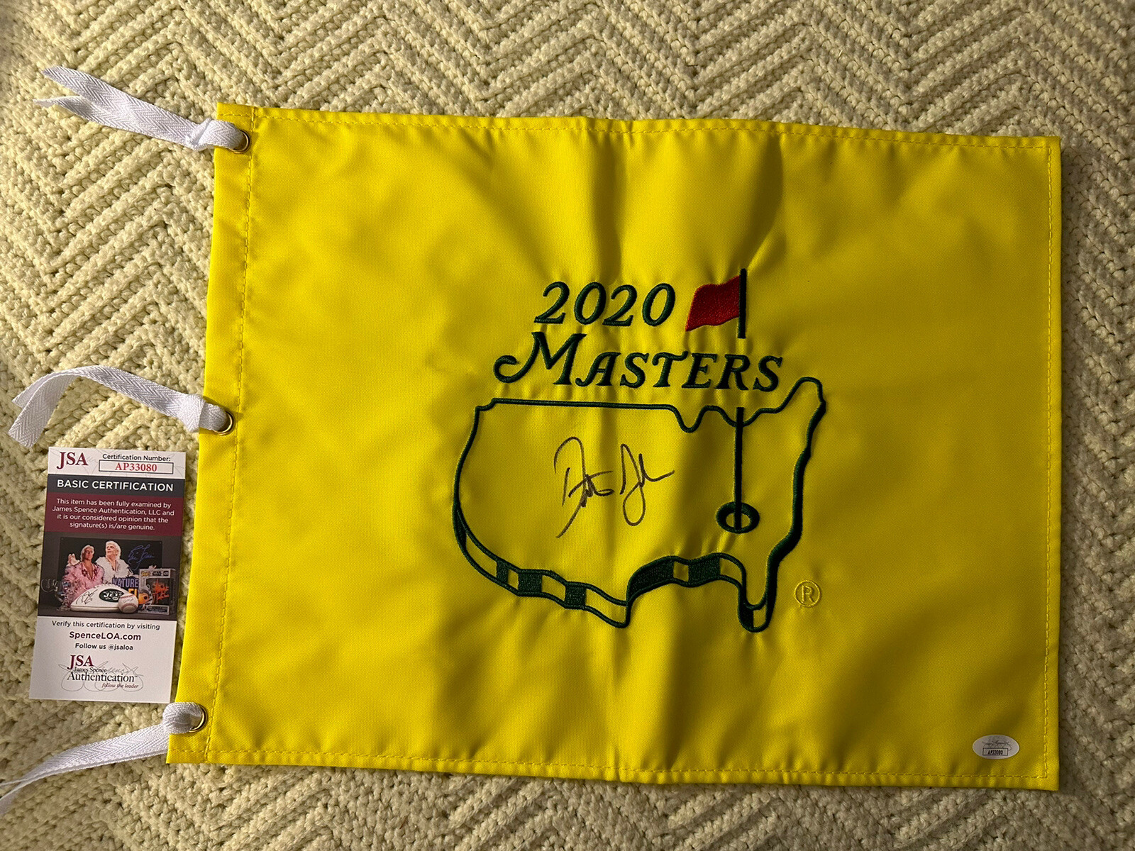 Dustin Johnson Autographed Signed 2020 Masters Golf Flag Augusta JSA Authenticated COA 
