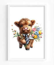 Cow Art Print, Highland Cow With Blue Tie Art Print, Farmhouse Wall Art Decor