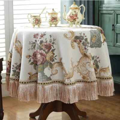 Luxury Round Tablecloths Rose Jacquard Table Cloth Tassels Chenille Table Cover